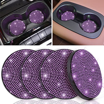 ToBeQueen Purple Car Cup Holder Coaster, 4 Pack Crystal Rhinestone Bling Car Coaster Universal 2.75 Inch Anti-Slip Shockproof Car Cup Holder Insert Auto Interior Accessories for Women Girl, Purple - color: H-purple