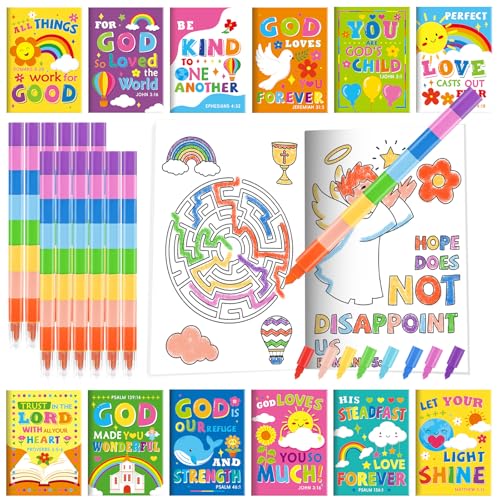 BenLouis 24 Bible Verse Mini Coloring Books with 24 Crayons for Kids Bulk - style: Bible