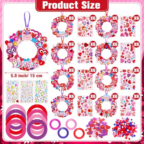Hollowfly 48 Sets Valentine DIY Heart Wreath Craft Kits for Kids Activities - style: Happy Valentine‘s Day