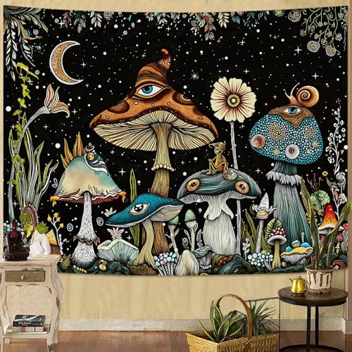 Fungarth Hippie Mushroom Tapestry Vintage Floral Plant Moon Tapestries Wall Hanging Hippy Starry Night Small Tapestry for Bedroom Living Room Study Classroom Dorm 48 x 36 inch - color: Yellow Moon, size: 48"L x 36"W