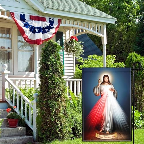 Divine Mercy Jesus Garden Flag Christian Sacred Heart of Jesus Amercian Flags for Outside 12x18 Double Sided Faith Over Fear Flag Outdoor House Yard Easter Decorations Religious Garden Flag