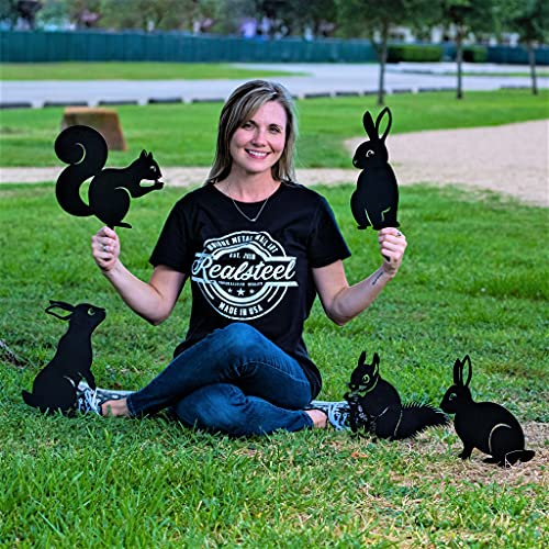 RealSteel Metal Garden Animal Statues & Lawn Ornaments, Bunny Rabbit & Squirrel Garden Stakes 5 Pack – Metal Yard Art Silhouettes for Front Yard, Flowerbed & Patio Decor – Rust Resistant Steel, Black