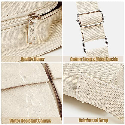 KALIDI Canvas Tote Bag Zipper Large Crossbody Shoulder Bag Messenger Bag - color: Upgraded Beige
