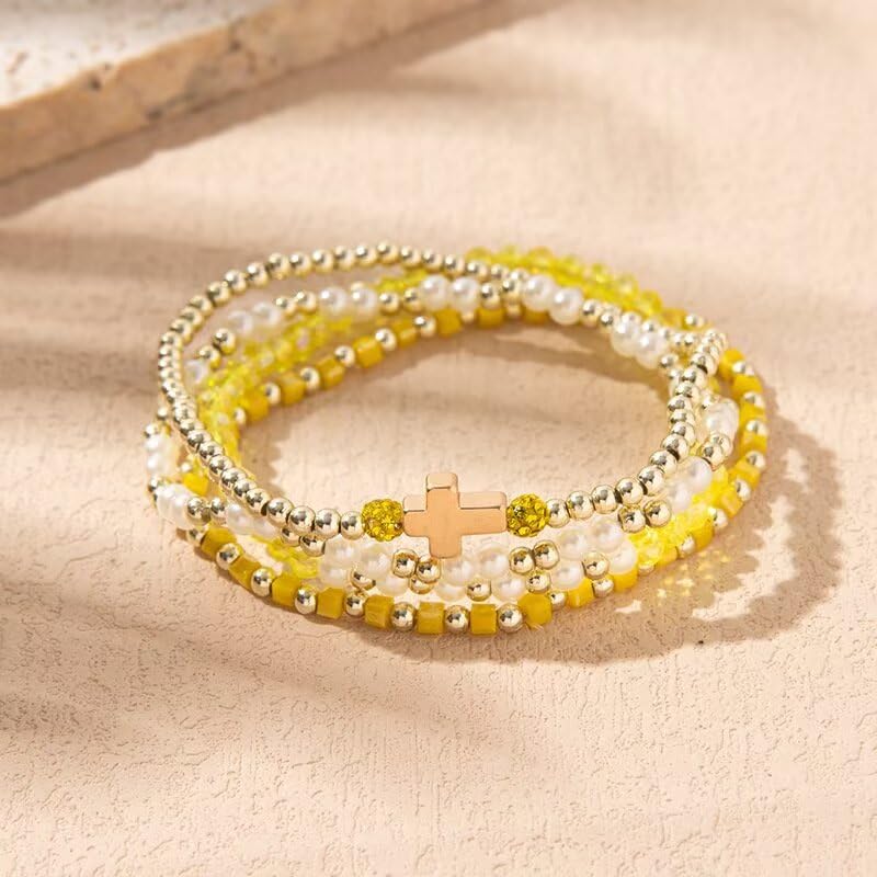 Colorful Cross Charm Bracelets for Women Men Adjustable Gold Plated Beaded Bracelet Boho Bead Ball Stretch Bracelet Birthday Summer Beach Jewelry - color: Yellow B