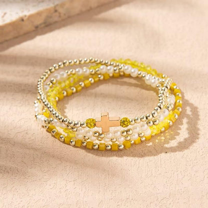 Colorful Cross Charm Bracelets for Women Men Adjustable Gold Plated Beaded Bracelet Boho Bead Ball Stretch Bracelet Birthday Summer Beach Jewelry - color: Yellow B