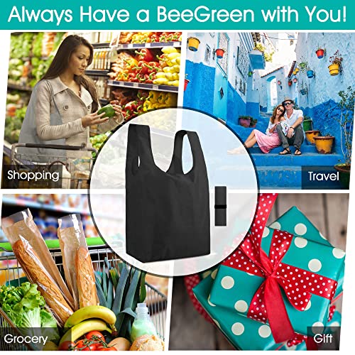 BeeGreen Black Reusable Grocery Bags Shopping Bags for Groceries 12 Pack Heavy Duty - Foldable Polyester Grocery Totes with Handles and Zipper Bag, Large Travel Washable Holiday Tote Bag Bulk - color: Black