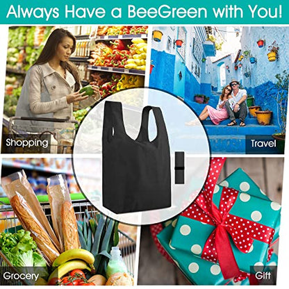 BeeGreen Black Reusable Grocery Bags Shopping Bags for Groceries 12 Pack Heavy Duty - Foldable Polyester Grocery Totes with Handles and Zipper Bag, Large Travel Washable Holiday Tote Bag Bulk - color: Black