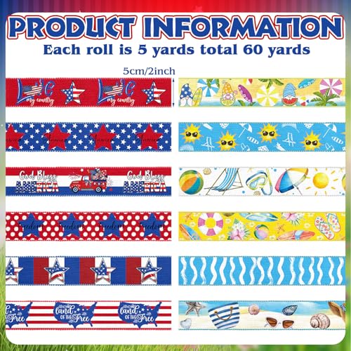 12 Rolls 60 Yards Summer Wired Ribbon for Wreaths Bows Crafts - style: Summer Memorial Day