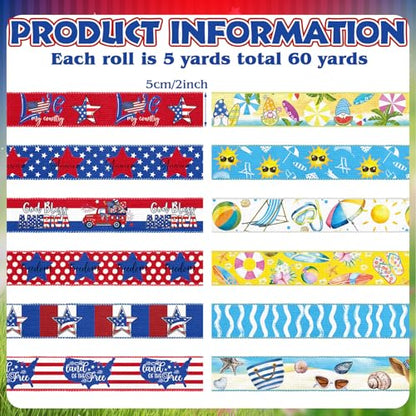 12 Rolls 60 Yards Summer Wired Ribbon for Wreaths Bows Crafts - style: Summer Memorial Day