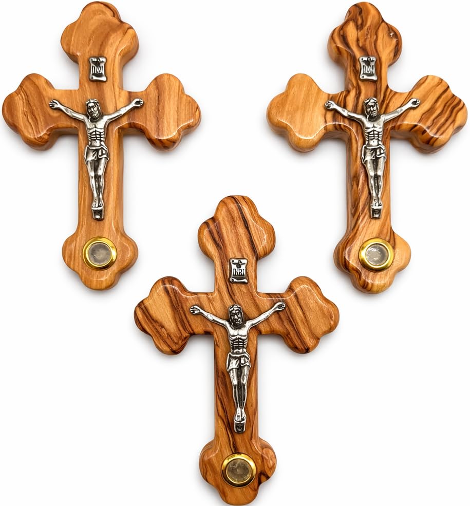 Zuluf Small Olive Wood Crucifix Wall Cross Set of 3 with Holy Land Stone, Handmade Christian Crucifix Cross Wall Decor - 4 Inch Each Jerusalem Catholic Christian Gift for Prayer Home Church
