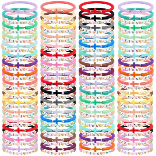 50/125Pcs Jesus Loves You Bracelets Bulk Set Cross Bracelets Polymer Clay Bead Religious Wristbands Colorful Religious Inspirational Bracelet Christian Friendship Jewelry for Church Birthday Gifts