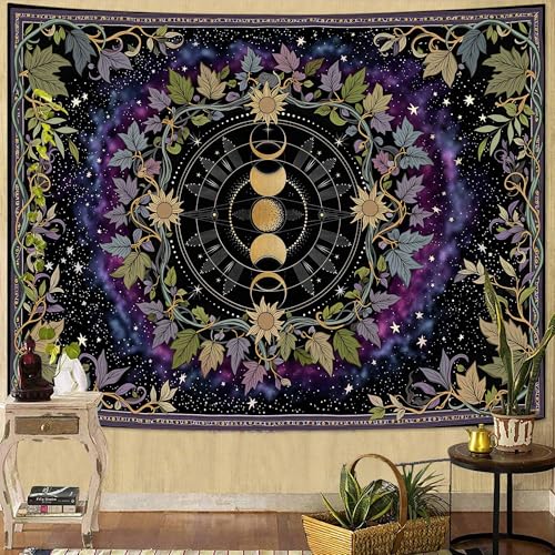 Faxdong Boho Moon Phase Tapestry, Aesthetic Celestial Zodiac Tapestries, Starry Nebula and Vine Mystic Decor for Bedroom Living Room Space - color: Purple, size: 48"L x 36"W