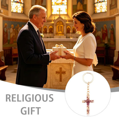 Flower Cross Keychains for Women Christian Gifts for Girls Daughter Religious Bag Charm Keyring Christian Keychain - color: Purple