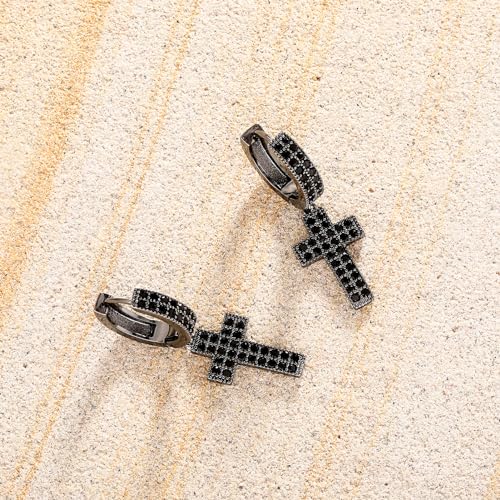 TOPGRILLZ Cross Hoop Dangle Earrings 925 Sterling Silver 5A+ Cubic Zirconia 14K Gold Hypoallergenic Cross Hoop Cuff Huggie Drop Earrings For Men Women - color: Black Cross Hoop