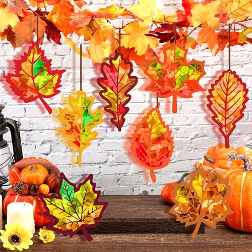 Motipuns 32 Sets Leaf Suncatcher Kits Fall Tissue Paper Stained Glass Art - style: Maple Leaf