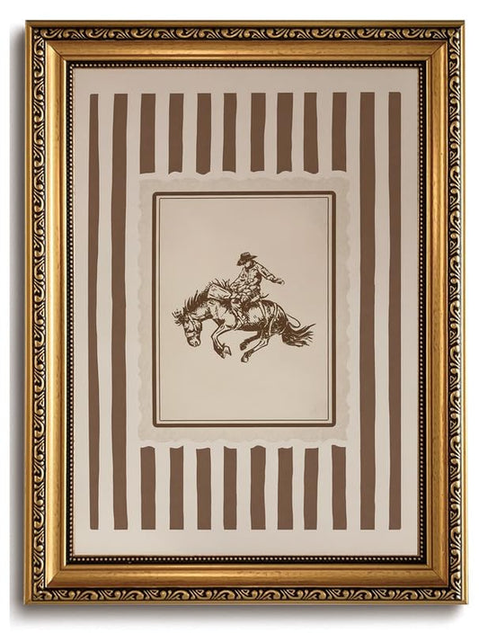 Vintage Western Cowboy Wall Art Striped Horse Wall Decor Gold Framed - color: bucking horse, size: 16"L x 12"W