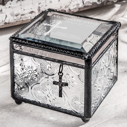 First Communion Gift Personalized Keepsake Custom Engraved Vintage Stained Glass Jewelry Trinket Rosary Case J Devlin Box 631 EB220