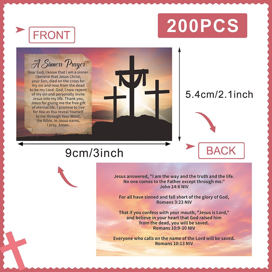 200 Pcs Sinner’s Prayer Cards Bulk, Christian Bible Tract Salvation Cards, Double-Sided Gospel Scripture Cards, Religious Pocket Cards for Witnessing, Ministry, Church Outreach, Gifts