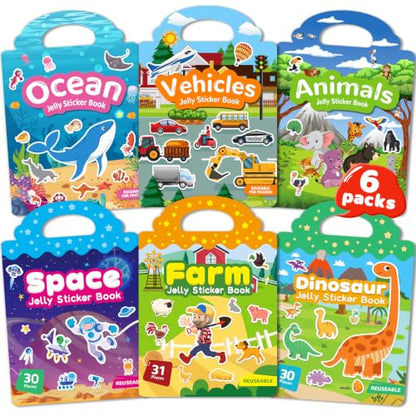 Zartores 6 Pack Jelly Reusable Sticker Book, Stickers for Kids