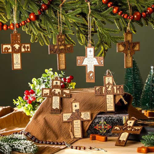 Seeloowy 24 Pcs Christmas Wooden Nativity Scene Cross Ornaments for Tree