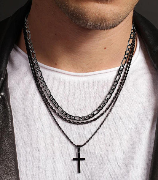 3Pcs Set Cross Necklace for Men, Mens Cross Necklace Cross Chain Layered Stainless Steel Rope Figaro Chains for Women Boys Gold Silver Black (20inch/22inch) - color: Black