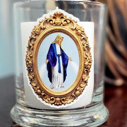 Our Lady of Grace Prayer Candle Holder, Saint Mary, Mother of Grace, Virgin Mary, Madonna, Catholic Gift, Home Decor, Marian, Vigil Candle, Bowed Head (Our Lady of Grace Round LED Candle) - size: Our Lady of Grace Round LED candle