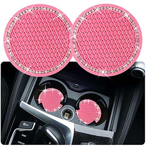2PCS Bling Car Cup Coaster, 2.75 Inch Auto Cup Holder Insert Coasters Silicone Anti-Slip Crystal Rhinestone Drink Mat, Universal Vehicle Interior Accessories for Women Girls (Pink) - color: pink, size: 2pack