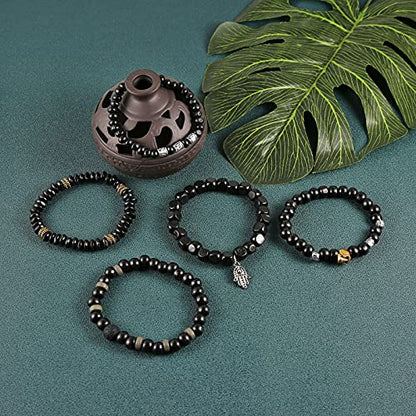 HZMAN Handmade Hemp Cords Wood Beads Leather Bracelets for Men Women - style: Hand of Fatima