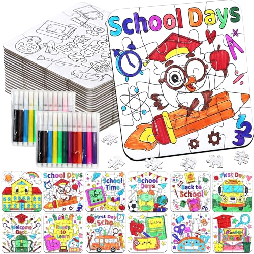 24 Sets Back to School Crafts for Kids Bulk, First Day of School DIY Arts Kits Puzzle Activities Bus Glasses Apple Pencil, Religious Jigsaw for Classroom Gifts, Party Favors, Coloring Games Supplies - color: Back to School Colorful