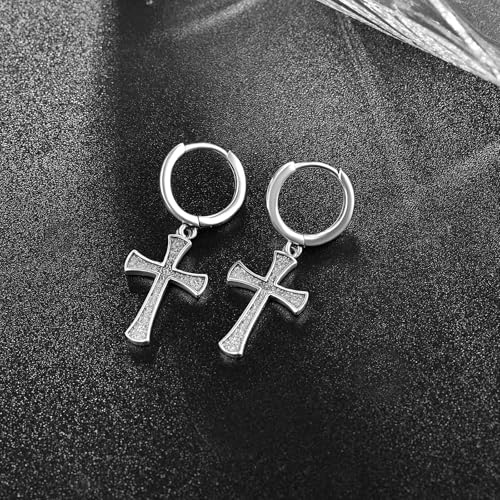 Cross Earrings 925 Sterling Silver Cross Dangle Earrings Christianity Jewelry Gift for Men Women - style: Cross-Silver