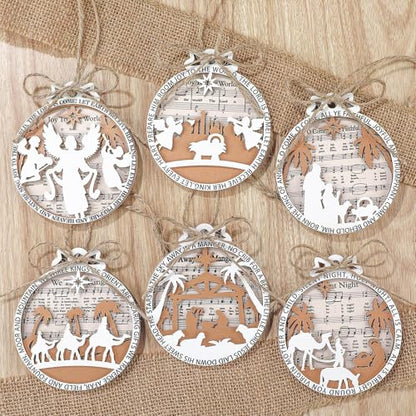 Shellwei 24 Pcs Christmas Ornament Bulk Wooden Nativity Scene Music Sheet - style: Cute