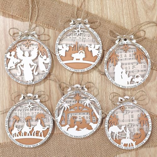 Shellwei 24 Pcs Christmas Ornament Bulk Wooden Nativity Scene Music Sheet - style: Cute