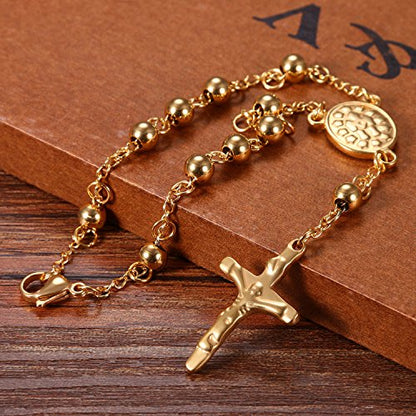 Cupimatch Religious Stainless Steel Beaded Rosary Cross Charm Bracelet for Men Women 8.6", Gold (Silver) for Mother's Day - color: Gold