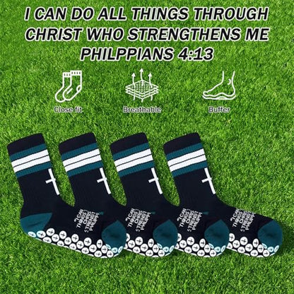 3 Pairs Cross Socks with Bible,Philippians 4: 13 Christian Socks US 6-13, Grip Sport Sock for Football, Soccer, Gym - color: Black Green