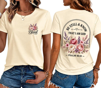 Christian Shirt for Women Be Still and Know Psalm 46:10 Graphic T-Shirt - color: Creamy Yellow-1, size: Small