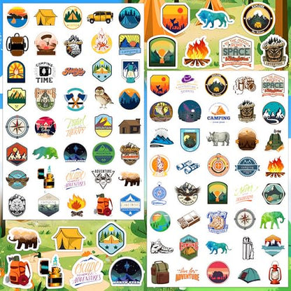 LINAYE 24 Sheets Travel Camping Stickers for Adults Kids, 960 PCS Nature Camp Stickers Waterproof Self Adhesive for Travel Bags Water Bottles, Camping Party Favors Supplies Rewards for Classroom - style: Camping 24 Sheets
