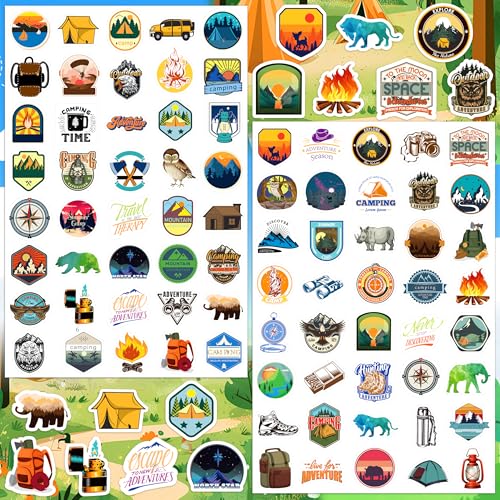 LINAYE 24 Sheets Travel Camping Stickers for Adults Kids, 960 PCS Nature Camp Stickers Waterproof Self Adhesive for Travel Bags Water Bottles, Camping Party Favors Supplies Rewards for Classroom - style: Camping 24 Sheets