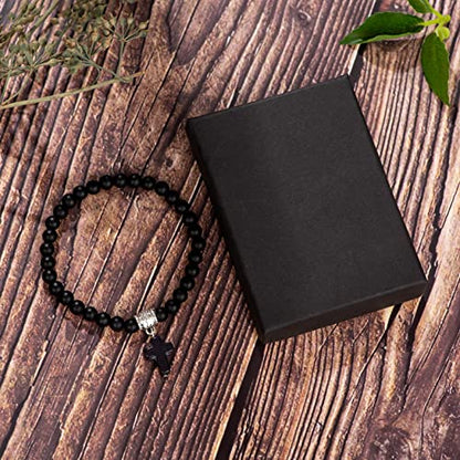 Softones 6mm Bead Cross Pendant Bracelet for Women Healing Stone Stretch Prayer Bracelet for Women,with Gift Box - color: Onyx