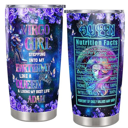 Personalized Queen Tumbler Custom Zodiac Insulated Cup Purple Galaxy Butterfly Flower Travel Mug with Lid Stainless Steel 20 30 Oz Astrological Sign Aries Gemini Cancer Leo Virgo Libra Taurus Scorpio - color: Zodiac