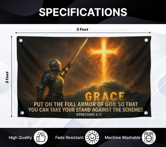 3x5 Feet Christian Armor of God Flag with Quote - "Grace Put On The Full Armor Of God" with 4 Brass Grommets - Polyester Christian Wall Decor Jesus Flags for Church - Single Sided Banner for Bedroom