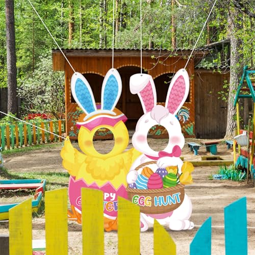 WovWeave Easter Decorations Face Hole Banner Large Polyester Backdrop for Egg Hunt Party Supplies Funny Spring Holiday Photo Prop with Grommets Washable Hanging Wall Background for Family Guests - style: Easter