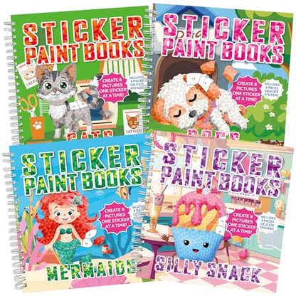 4Pcs Paint by Sticker Books Sticker by Number Books Activity Puzzle Book Craft Art Gift with Mermaid Cat Dog Silly Snack 32 Pictures Sticker by Number Book Set Party Favors - style: Cute Cartoon