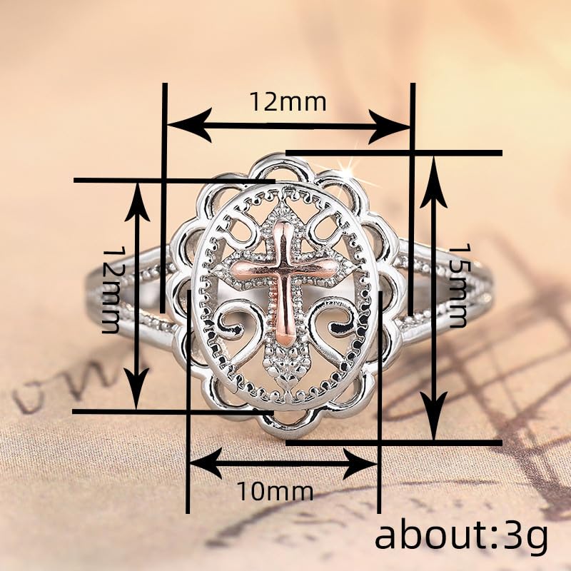 Two-Tone 925 Sterling Silver Plated Cross Statement Rings for Women Men,Victorian Religious Style Signet Oval Shape Cross Ring for Women's Jewelry Gifts Size 7# - size: 7#