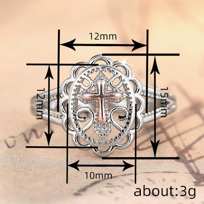 Two-Tone 925 Sterling Silver Plated Cross Statement Rings for Women Men,Victorian Religious Style Signet Oval Shape Cross Ring for Women's Jewelry Gifts Size 7# - size: 7#