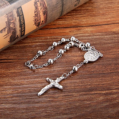 Cupimatch Religious Stainless Steel Beaded Rosary Cross Charm Bracelet for Men Women 8.6", Gold (Silver) for Mother's Day - color: Silver