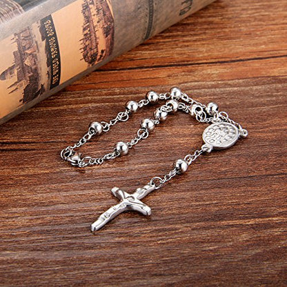 Cupimatch Religious Stainless Steel Beaded Rosary Cross Charm Bracelet for Men Women 8.6", Gold (Silver) for Mother's Day - color: Silver