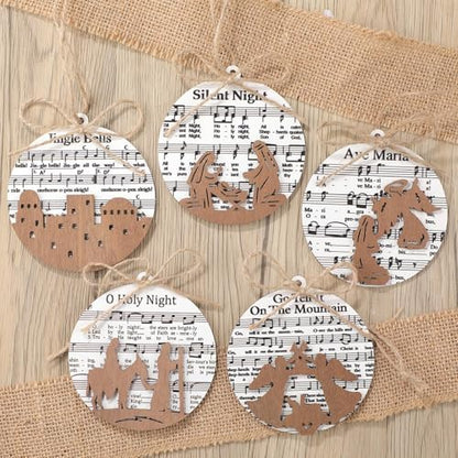 Shellwei 24 Pcs Christmas Ornament Bulk Wooden Nativity Scene Music Sheet - style: Stylish