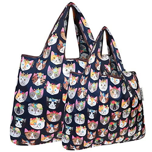 allydrew Large Foldable Tote Nylon Reusable Grocery Bags - color: Set of 2, Crazy Cats, size: Large & Small (Set of 2)