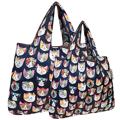 allydrew Large Foldable Tote Nylon Reusable Grocery Bags - color: Set of 2, Crazy Cats, size: Large & Small (Set of 2)