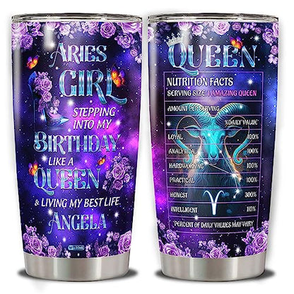 WAZONE Personalized Queen Tumbler Customized Zodiac Cup With Name Purple Galaxy Butterfly Flower Travel Mug 20oz 30oz Astrological Sign Aries Gemini Cancer Leo Virgo Libra Taurus Scorpio - color: Zodiac